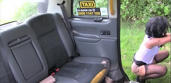 Breasty swarthy gangbanged in fake taxi in public
