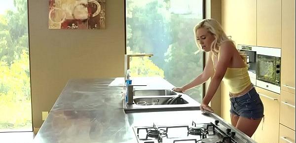 Blonde with plump boobies give a blowjob after work at the kitchen