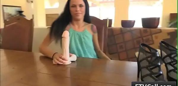 Skinny lesbians are dildo fucking each other on a chair